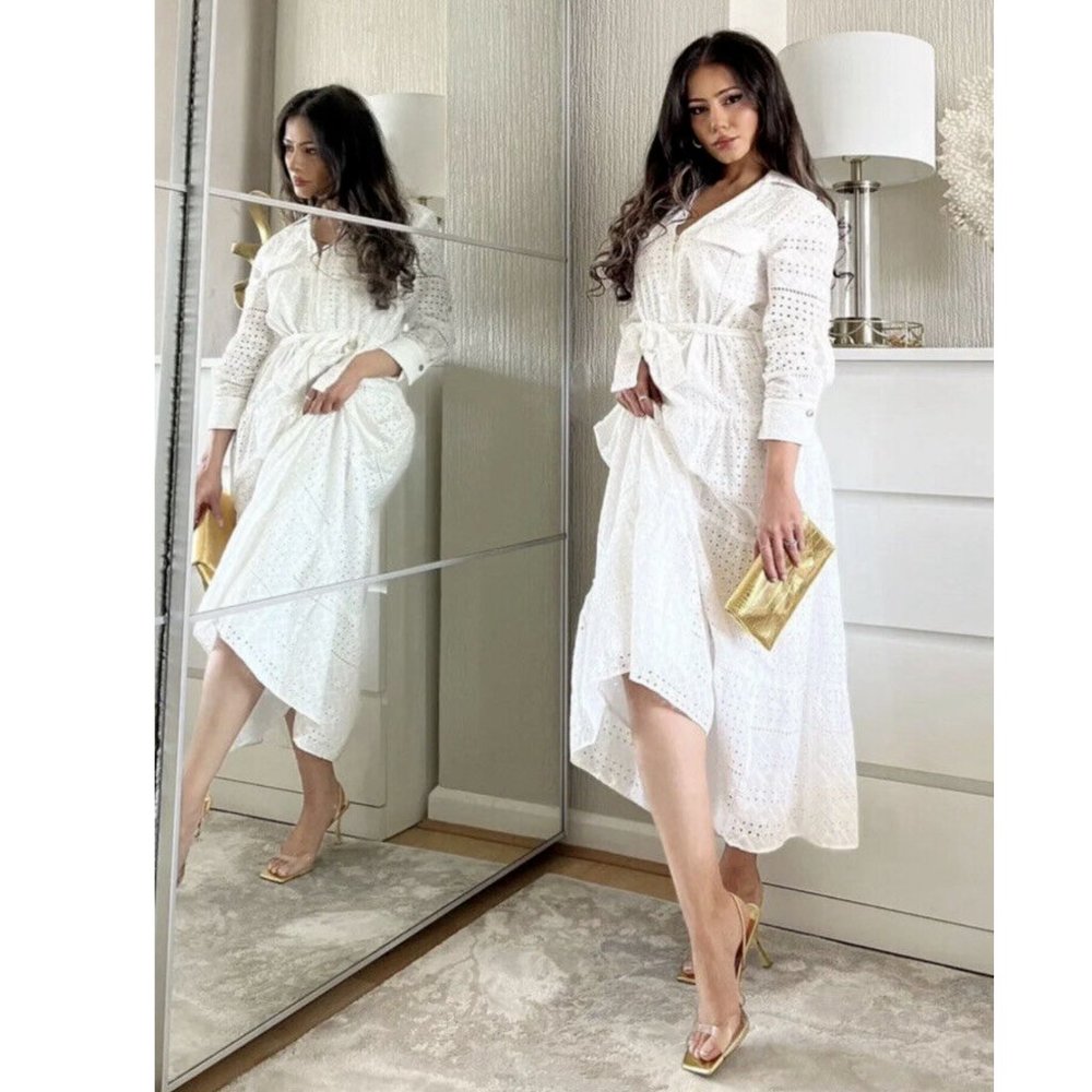 ZARA $99NWT WOMAN V-NECK OPENWORK EMBROIDERED MIDI DRESS WHITE ZIP | 3384/916 - Picture 3 of 11